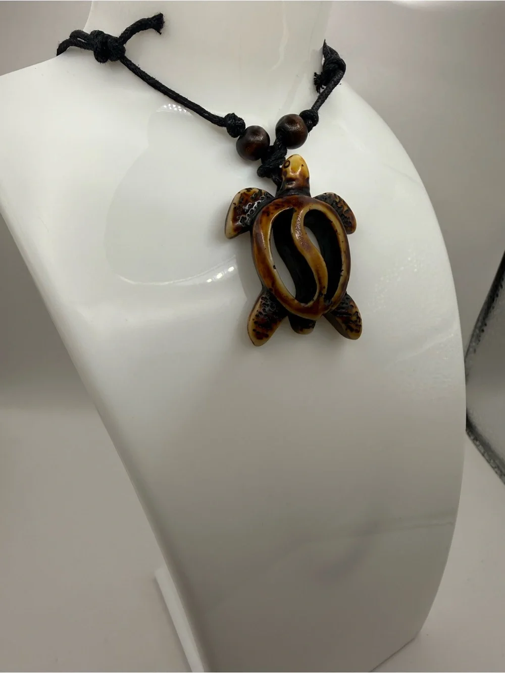 Sea Turtle Carved Tribal Pendant Adjustable Necklace with Leather Band Brown